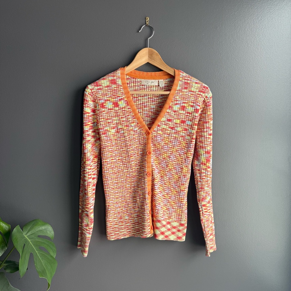 RD Style Women Bright Orange Multi Colored Fitted V Neck Cardigan Sweater Small